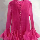 French Niche Women's Dress O Neck Button Flare Long Sleeve Spliced Ruffles Hem Solid Elegant Mini Dress 2025 New voguable