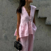 Fashion Women's Trouser Suits Sleeveless V-Neck Top Women Casual Straight Pants Sets Summer Women's Suit Commuter 2 Piece Set voguable