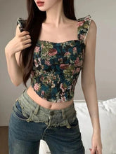 Voguable New Floral Print French Vintage Vest Women Ruffles Korean Fashion Sexy Tank Top Female Holiday Party Elegant Designer Camis voguable