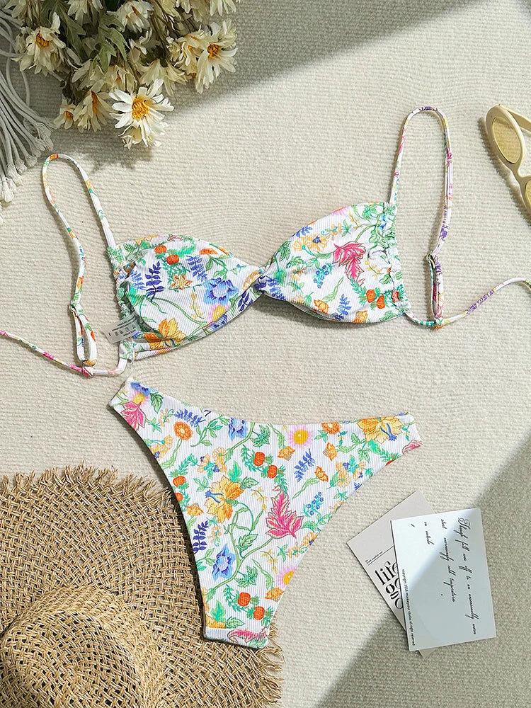 Voguable Fashion Floral Backless Bandage Bikini Women Split Swimsuit Beach Vacation Bikini New All Season Bikinis 2 Piece Set voguable