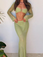 Articat Sexy Lace Up Long Sleeve Casual Knitted Long Dress Set Women's Square Neck Top Long Dress Two Piece Beach Party Set voguable