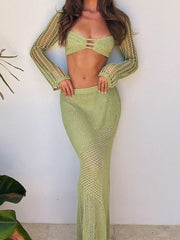 Articat Sexy Lace Up Long Sleeve Casual Knitted Long Dress Set Women's Square Neck Top Long Dress Two Piece Beach Party Set voguable