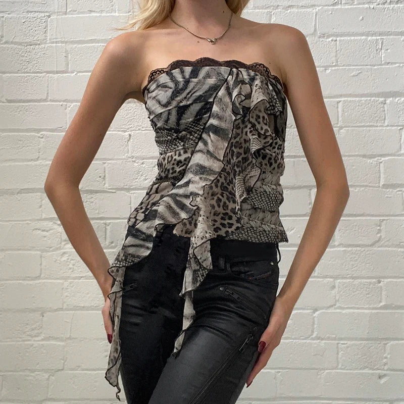 Goth Leopard Print Corset Top Ruffles Patchwork Strapless Skinny Tube Tops Harajuku y2k Cropped Top Women Streetwear Tees voguable