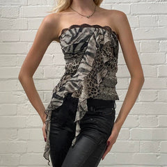 Goth Leopard Print Corset Top Ruffles Patchwork Strapless Skinny Tube Tops Harajuku y2k Cropped Top Women Streetwear Tees voguable