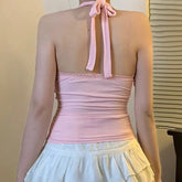Voguable Pink Halter Cami Top Floral Embroidery Lace Top Deep V-Neck Sleeveless Backless Tank Tops Women Summer Fashion Outfit Girl voguable