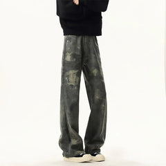 NEW Jeans Leopard Personality design Pockets Wide Leg Jeans Male American Style High Street Denim Pants Classic Denim Trousers