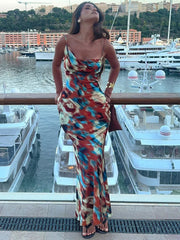 Spaghetti Strap Print Sexy Maxi Dress For Women Gown Fashion Hollow Out Sleeveless Backless Bodycon Club Long Dress voguable