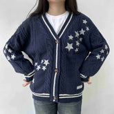 Dark Blue Midnight Cardigan Women with Stars V-neck Knitted Sweater Long Sleeves Warm Comfortable Knit Cardigan Female Autumn voguable
