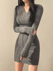 Voguable Casual Women Sweater Dress Fall V Neck Pullover Knitted Mini Dress Long Sleeve Elastic High Waist Female Jumper Dress voguable