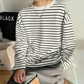 Autumn Korean Fashion Retro Heavy Striped Long Sleeve T-shirt Men Round Neck Harajuku Loose Casual Inner Wear Oversized T Shirt voguable