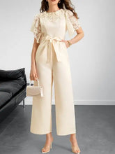 Voguable Women's jumpsuit satin bow pocket decoration round neck jumpsuit summer new fashionable and elegant commuting style voguable