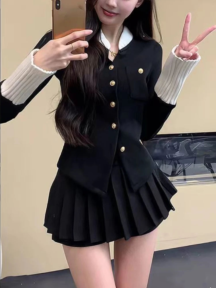 Autumn New Sexy Preppy Style 2 Piece Set Women French Rich Girl Top+High Waist Pleated Skirt Female Fashion Wear Skirt Suit voguable