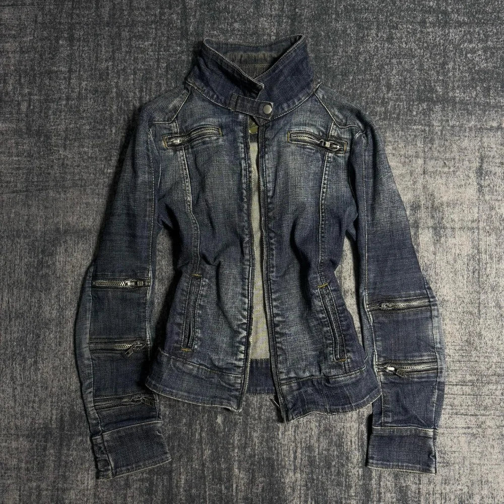 Voguable Women's Gothic Jacket Retro Washed Canvas Stand Collar Frog Button Y2K Punk Street Coat voguable