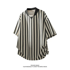 Tshirt Men Baseball Collar Loose Fit Breathable StripedCasual Comfortable Summer Tee Top Fashion Streetwear Apparel Clothing voguable