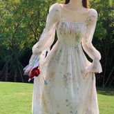 Voguable Summer Elegant Floral Fairy Dress Woman Beach Style Party Long Sleeve Midi Dress Fashion French Style Chiffon Dress voguable