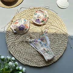 Voguable Beige Shiny Flower Embroidery Swimwear Thong Micro Push Up Bikini Set Sexy Swimsuit Women Bathing Suit String Bikinis Mujer voguable