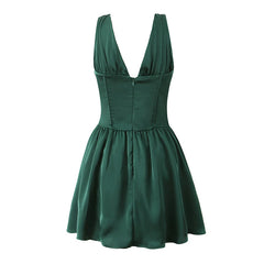 Summer Women High Quality Dark Green Satin Princess Tank Dress Lady V Neck Sleeveless Low Waist A-line Mini Dresses