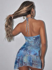 Flower Patchwork Dress Women Bandage Halter Low-Neck Ruched Ribbon Tierred Hem Street Fashion Elegant Mini Bodycon voguable