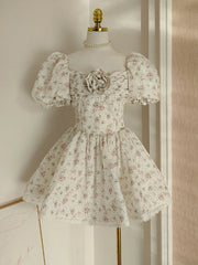 Fashion Women Dress Patchwork Lace 3D Flowers Print Short Puff Sleeve Square Collar Female Party Dress New Tide voguable