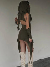 Voguable Grunge Fairycore Hooded Dresses Matching Sleeve Gloves Fashion Vintage Irregular Mini Dress Women Club Party Outfits voguable