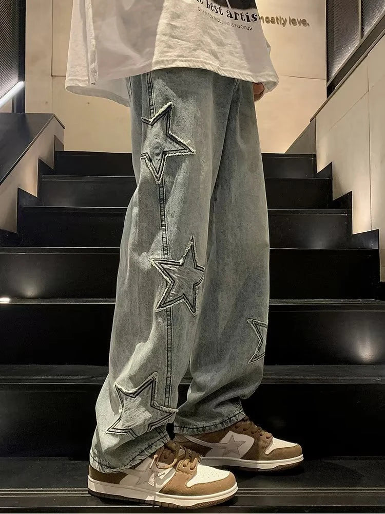 Voguable Y2K Star Embroidery Casual Men Jeans Gothic Neutral Wide Leg Denim Trousers Male Loose Hip-hop Fashion Youth Streetwear voguable