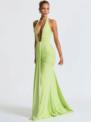 Deep V Neck Backless Ruched Sexy Maxi Dress Women Gown Summer Halter Sleeveless Draped Club Party Long Dress voguable