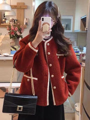 Red Faux Lamb Sweet Coat Women Korean Long Sleeve Winter Warm Jacket Vintage Casual O Neck Elegant Pearls Buttons Cute Tops voguable