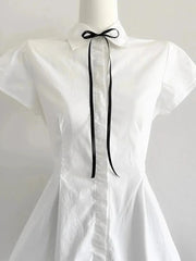 Back Bow White Shirt Women Slim Lace Up Elegant Blouse Vintage Casual Preppy Style Simple Short Sleeve All Match Tops New voguable