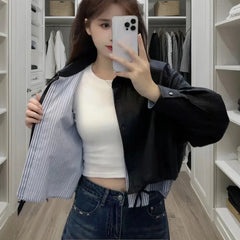 Vintage Patchwork Crop Jacket for Women Autumn Streetwear Splicing Pu Leather Outerwear Y2K Gothic Single Breasted Female Coat voguable