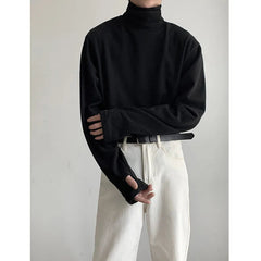 High Collar T Shirt Men Oversized Fashion Black White Casual Tshirt Men Korean Loose Long Sleeve T-shirt Mens Top M-2XL voguable