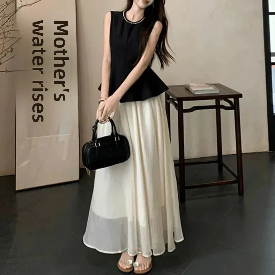 Summer 2025 New Hepburn Style Women's Heavy Embellished Top And Skirt Set with Pearlescent Fabric Elegant And High-End Feeling voguable