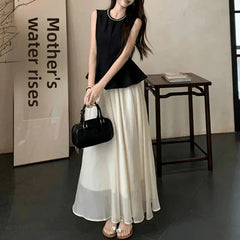 Summer 2025 New Hepburn Style Women's Heavy Embellished Top And Skirt Set with Pearlescent Fabric Elegant And High-End Feeling voguable