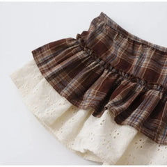 Voguable American Vintage Plaid Embroidery Skirt Lace Patchwork Ruffles One-piece Fart Curtain Casual Slim Short French New Skirts voguable