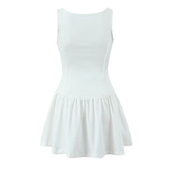 YENKYE Summer Women Front Button O Neck Sleeveless Dress Lace Trim Sexy Low Waist A-line Mini Dresses White Red Sweet Robe voguable