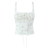 Lace Trim Floral Print Sweet Camis Women Lacing Up Bandage Back Summer Tops French Style Retro Holiday Tank Top voguable