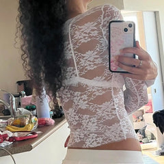 Y2k Lace Floral Sheer Mesh Crop Tops Women Long Sleeve Tee Shirt Fairycore Aesthetic Blouse Grunge Clothes Party Club Streetwear voguable