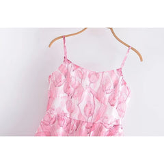 Voguable Sweet Women Pink Floral Print Sexy Sling Mini Dress Sleeveless Female A-line Mini Summer Dresses Holiday Robe voguable