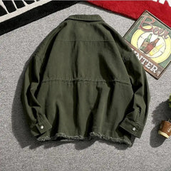 Japanese Cargo Retro Jacket Men 2025 Spring Loose Large Size Army Green Denim Jacket Preppy Trendy High-end Simple Jacket Chic voguable