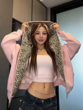 Leopard Vintage Pink Hoodies Women Loose Hip Hop Streetwear Y2K Sweatshirt American Casual Fall Winter Long Sleeve New Tops voguable