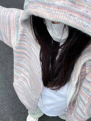 Japanese Y2k Rainbow Striped Kawaii Cardigans Women Autumn All Match Hooded Sweaters Loose Zipper Grunge Knitted Coat Pull Femme voguable