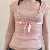 Voguable Y2K Rhinestone Frill Edge Bow T-shirt Pink Kawaii Japanese Lolita Casual Square Collar Short Sleeve Top Coquette Tees voguable