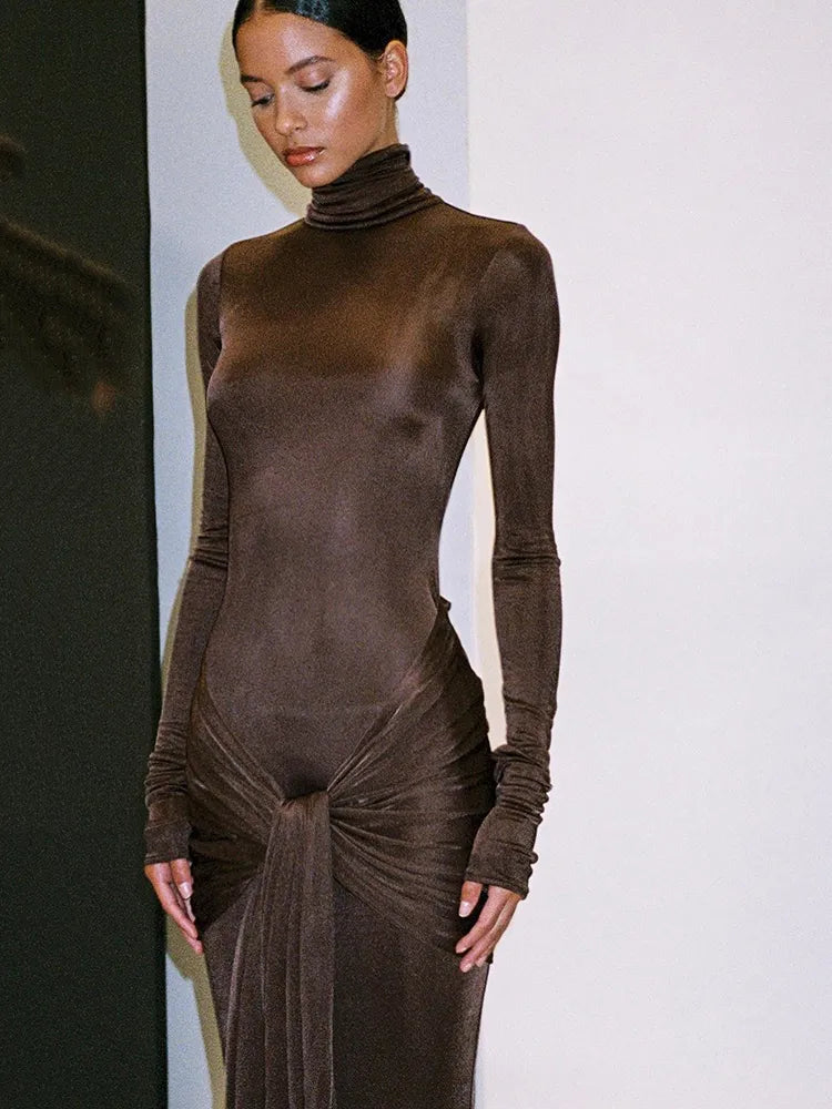 Articat High Neck Long Sleeve Bodycon Dress Women's Tight Elastic Lace Up Maxi Long Dress Autumn  New Party Club voguable