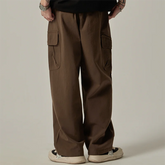 Voguable Big Side Pocket Men's Pants Spring Vintage Wide Leg Straight Button Multiple Pockets Work Cargo Pants Male Drawstring Trousers voguable