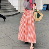 MEXZT Retro Plaid Wide Leg Pants Women Streetwear High Waist Drawstring Loose Casual Trousers Summer Korean All Match Skirt Pant voguable