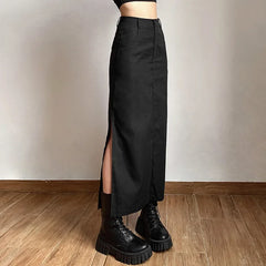 Women Midi Skirts Goth Dark Grunge Casual Tag Split Mall Gothic Punk High Raise Slim Long Skirt Y2k Sexy Fashion Streetwear voguable