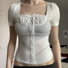 Fairycore Top y2k Women Sexy Coquette Clothes Lace Trim Square Collar Short Sleeve T Shirt 2000s Aesthetic Clothing voguable