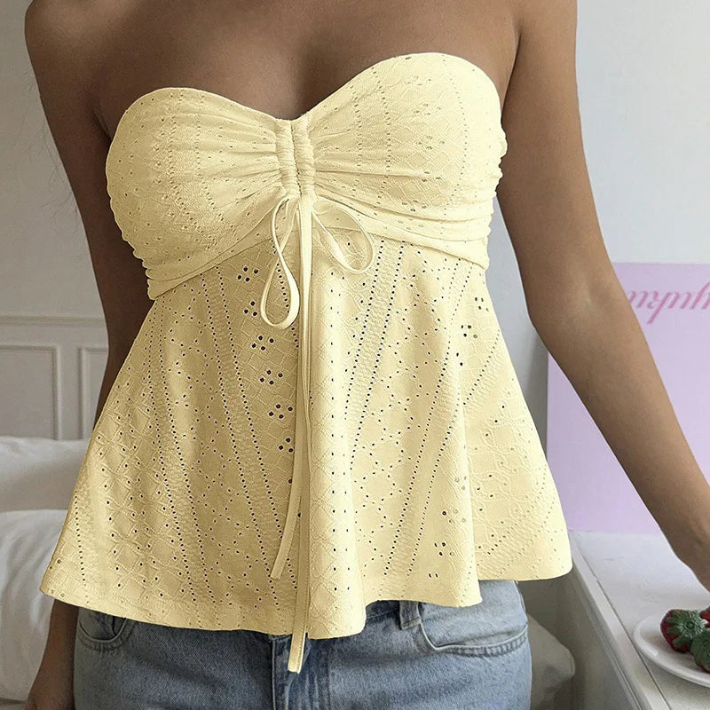 Voguable Solid Color Sexy White Strapless Tank Top for Women Summer Y2K Off Shoulder Sleeveless Tanks Woman Bow Slim Fit Backless Blouse voguable