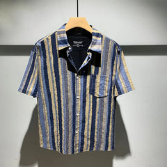 Voguable Light Luxury Fashion Contrasting Striped Splicing Shirt Summer Fashion Men's Casual Versatile Handsome Short-sleeved Shirt voguable
