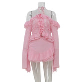 Voguable Sweet Pink Women Two Piece Ruffles Dress Sets Fashion Summer Sexy Y2K Slash Neck Off Shoulder Cropped Top and Mini Skirts voguable