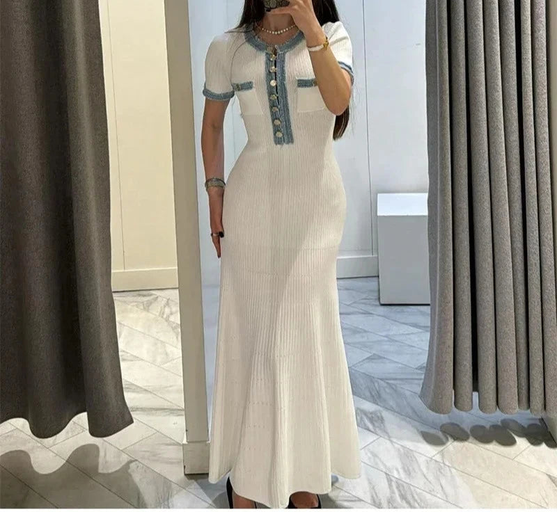 Denim Patchwork Kinitting Fashion Long Dress Tight Single Breasted Chic White Women Dress Versatile Street Summer Spring Vestido voguable